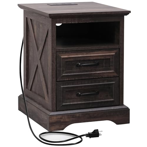 Image of ALBAD Farmhouse Nightstands with Charging Station,Walnut Brown Tabletop | End Tables with 2 Drawers, Cube Storage Organizer, USB Ports, Metal Handles, for Rustic Bedroom Bedside, Living Room, Dorm