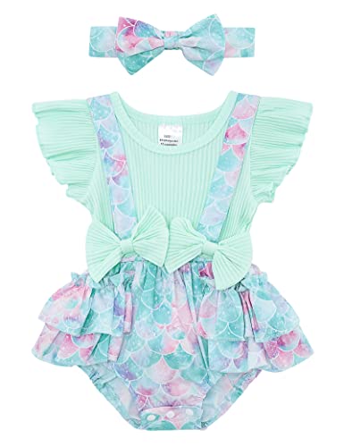 Image of Blue Mermaid Baby Girls Summer Clothes Size 3-6 Months Newborn Outfit Funny Bownot Infant Girl Romper Suspender Baby Bodysuit Party Jumpsuit Size 3 Months