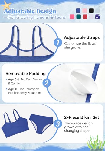 Image of Zando 2 Piece Ribbed Swimsuits for Teen Girls Kids Size 6-15 Years High Waisted Solid Cute Bikini for Summer Beach Wear