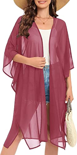 Image of Indian Trendy Women's Solid Puff Sleeve Kimono Long Cardigan Loose Cover Up Casual Blouse Top Chiffon