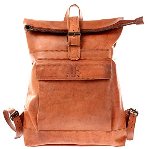 Preisvergleich Produktbild LECONI Roll-Top Rucksack Natur Pflanzlich Gegerbtes Rinds-Leder Wanderrucksack Lederrucksack Freizeit-Rucksack Schule Damen + Herren 35x52x14cm Cognac LE1022-P