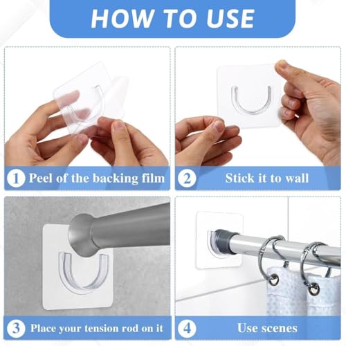 Image of Transparent Self Adhesive Curtain Rod Holders, No Drill Nail Free Adjustable Brackets for Bathroom, Kitchen, Living Room & Hotel Use, Strong Wall Mount Support Hooks, Pack of 8, Heavy Duty