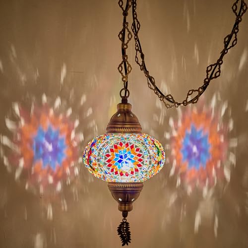 DEMMEX Plug-in Turkish Moroccan Mosaic Hanging Pendant Ceiling Light Swag Lamp Fixture with 15ft Cord & Chain Handcrafted Glass Tiffany Style Mediterranean Decor (Multi-Color)
