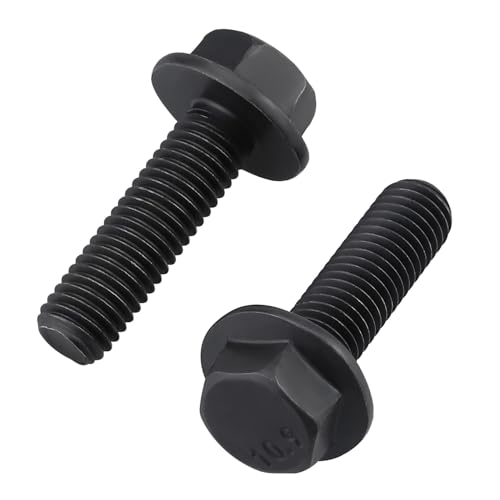 Image of M14-2.0 x 45mm Flange Bolt, Hex Head Flanged Bolt 10.9 Grade High Strength- Black Oxide Finish, Full Thread, Metric- Heavy Duty for Automotive, Machinery & Construction (6 Pcs) 6 pcs