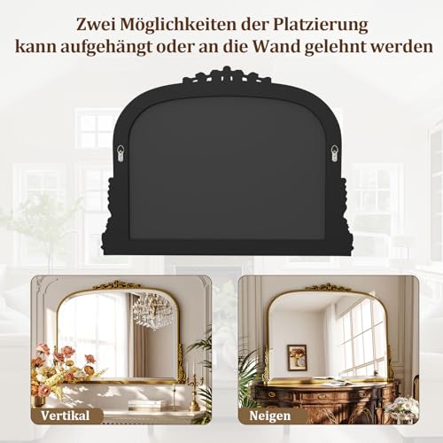 BEAUTYPEAK Wandspiegel Bogen 90x67 cm, Barock Spiegel oval mit Gold Rahmen, Bruchsicherer Vintage Wandspiegel, Großer Dekospiegel für Wohnzimmer, Bad, Flur