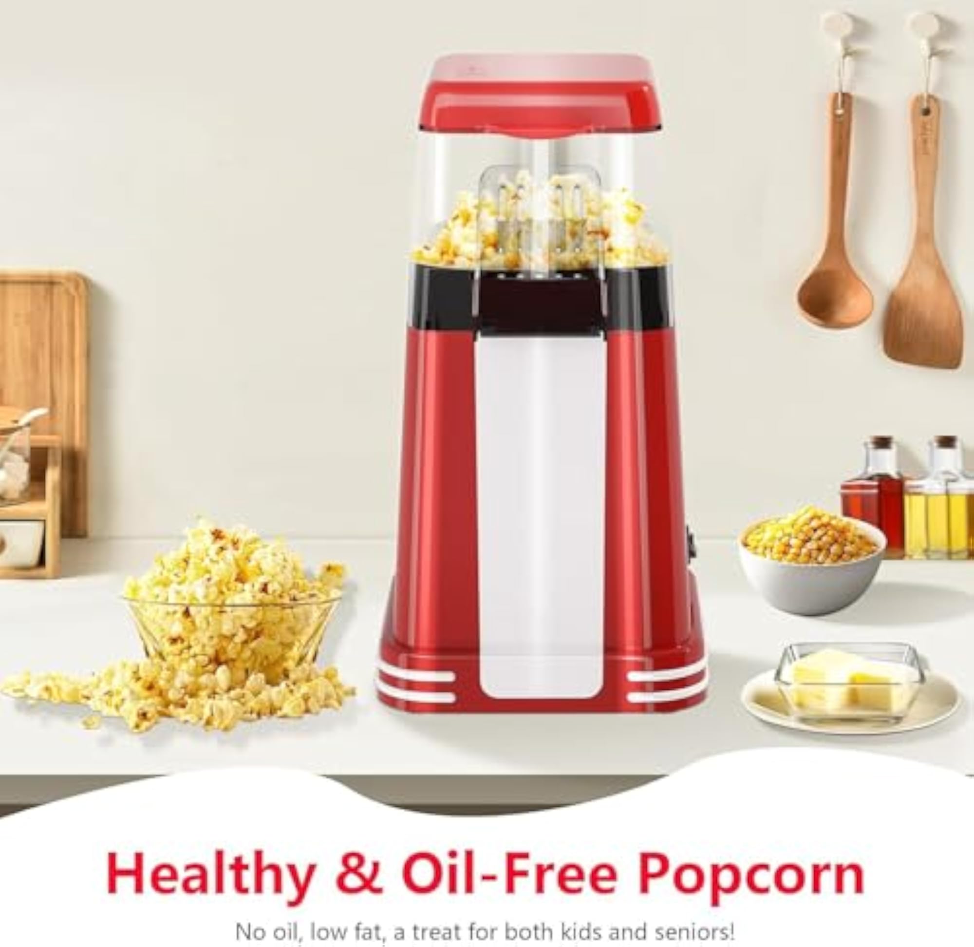 Hot Air Popcorn Maker 1200W, Oil-Free Electric Popper