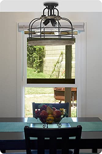 Kira Home Sawyer 17" 3-Light Industrial Farmhouse Semi Flush Convertible Pendant Chandelier Light with Cage Shade, Rustic Light Cedar Wood Finish + Coarse Black Finish - Image 4