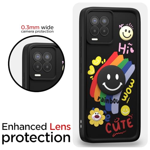 Image of Pikkme Back Cover for Realme 8 4G / 8 Pro | Soft Silicone| Cute Rainbow Smile & 3D Cartoon Flower Design | Shockproof Raised Camera Protection Bumper Case (Black)