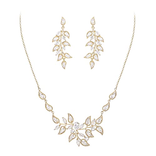 EleQueen Hochzeit Schmuck Sets für Braut Brautjungfer Frauen, CZ Marquise Blatt Floral Bridal Halskette Ohrringe Set Party Prom Modeschmuck Geschenke Weiß Gold-Ton Weiß Gold-Ton