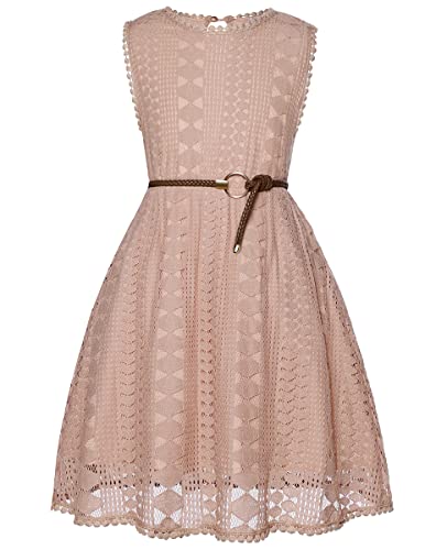 Flower Girls Dress Lace Dress Vintage Tulle Summer Country Wedding Party Dress Sleeveless Boho Holiday First Communion Gowns Size 9 10 Casual Girls Dresses With Belt(Pink,150) #TOP30