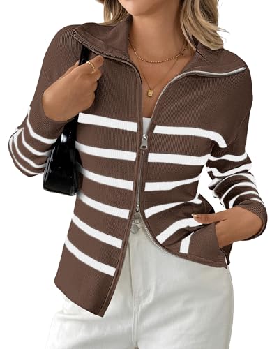 Bsubseach Striped Cropped Cardigan Sweater for Women Zip Up Lightweight Jacket Trendy Fall Outfits Spring Clothes Sweatshirts