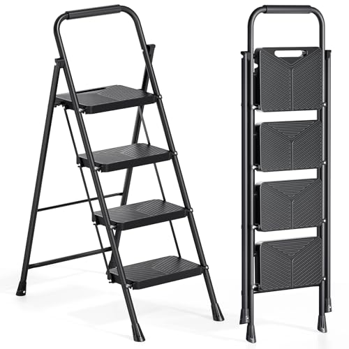 Urackify 4 Step Ladder, Portable Folding Ladder for Multi-Purpose, Home, Kitchen, Heavy Sturdy Steel...
