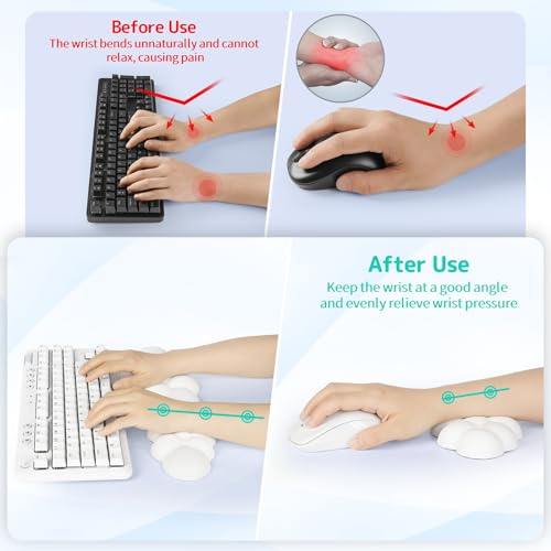Image of Sushret Cloud Wrist Rest Keyboard, Cloud Keyboard Wrist Pad Set with PU Leather Memory Foam, Cute Arm Rest for Palm Support, PC /Gaming Desk Accessories /Office Setup /Computer Hand Cushion - White
