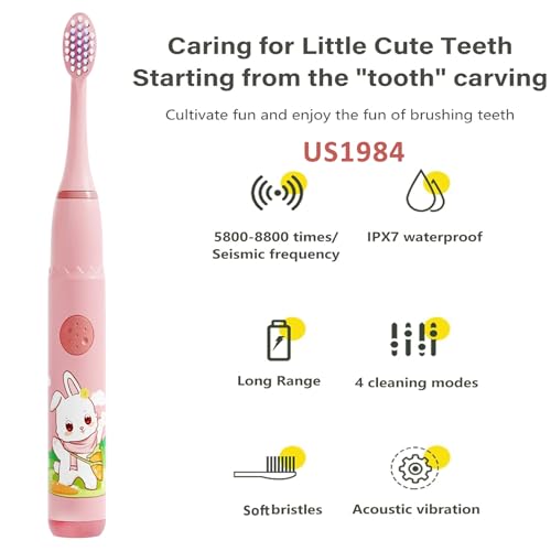 Image of Sonic Electric Toothbrush for Kids with 4 Modes, 3 Brush Heads & Rechargeable Battery, Ultra Soft Nylon Bristles, IPX7 Waterproof, Electric Power Tooth brush (Pink)