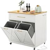 DWVO Square Kitchen Island with Double Tilt Out Trash Can Storage Cabinet, Rolling Portable Islands Table w Power Outlet Wheel Drawer Hidden 10 Gallon Garbage Bin Storage, White Oak