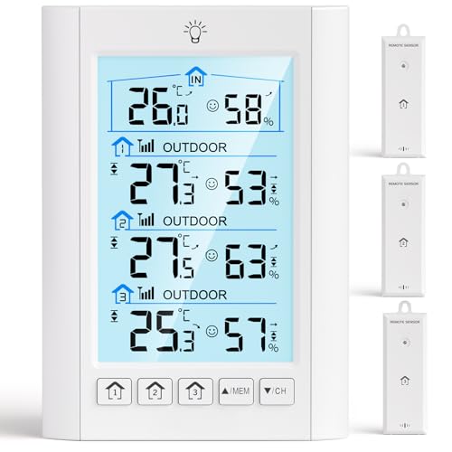 LIORQUE Funk Wetterstation mit 3 Außensensoren Digitales Thermometer Hygrometer Innen Funkwetterstation mit 100 m Reichweitensensor Thermo-Hygrometer für Gewächshaus Weinkeller LIORQUE Funk Wetterstation mit 3 Außensensoren Digitales Thermometer Hygrometer Innen Funkwetterstation mit 100 m Reichweitensensor Thermo-Hygrometer für Gewächshaus Weinkeller