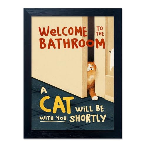 Framed Funny Bathroom Wall Art Welcome to the Bathroom Painting Artworks for Wall A cat Will be With You Shortly Cat Lover Canvas Print Poster Modern Home Decor