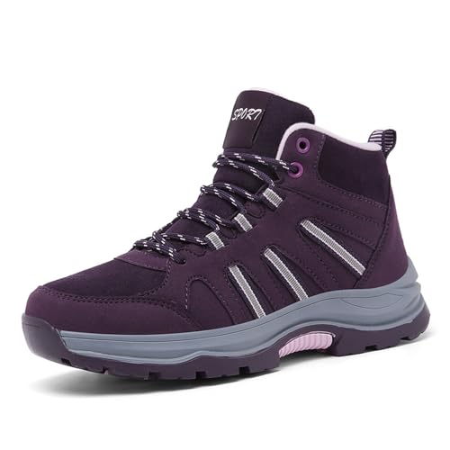 NSNEOND Women's Leather Warm Fur Lined Lug Sole Hiking Boots Lightweight Comfortable Anti-Slip Lace Up High Top Platform Soft Trekking Shoes Winter Casual Outdoor Walking Snow Ankle Boots (Purple,6)