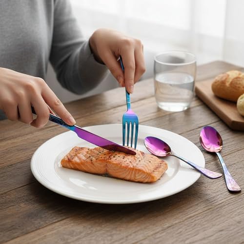 Image of 10 Pcs Rainbow Floaral Stainless Steel Cutlery Set for Dining Table with Spoons and Forks Set + Butterknives - The Perfect Tableware /Flatware