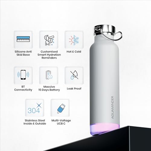 Image of Aquaminder Smart Water Bottle | RGB LED Glow & Timer Hydration Reminder with BT Mobile Phone Connection, Thames with App 600 ML|BIS Certified Made in India Smart Water Bottle (OffWhite)