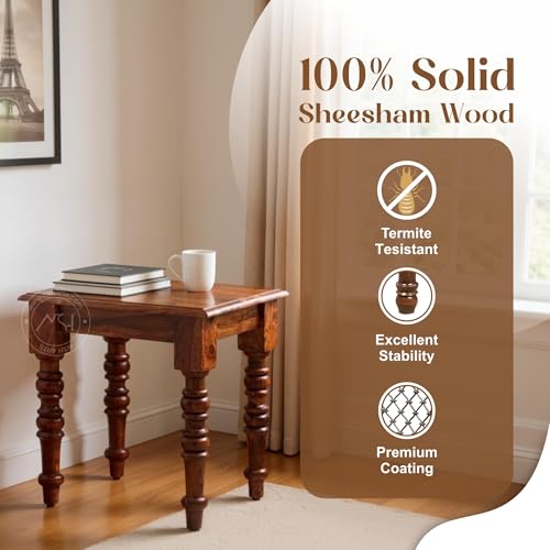 Image of NSH Solid Sheesham Wood Square Top Multipurpose Table Stool | Pre-Assembled, Ideal Corner Stool for Home, Kitchen, Living Room, Bedroom | Honey Finish, 1 Wooden Side Table