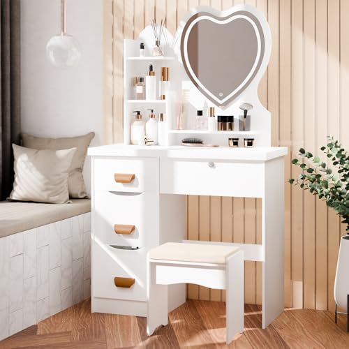 diowewea Coiffeuse avec Miroir LED en Cœur, 4 Tiroirs et Étages, Table de Maquillage avec...