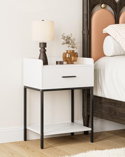 AEPOALUA Nightstand, Modern Bedside Table with Drawer and Legs,White and Black Night Stand with Open Shelf, Narrow Side Table for Bedroom, Living Room