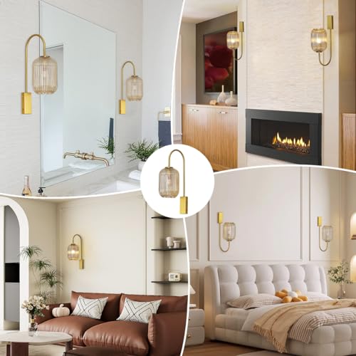 Image of 1-Light Bathroom Vanity Light fixtures Glass Globe Wall Sconce Lights Gold Wall Mount Light with Amber Glass Shade Mid Century Modern Wall Sconce for Over Mirror Bedroom Hallway