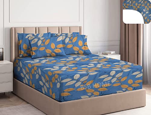 Image of BSB HOME Cotton Feel Glace Cotton Elastic Fitted Printed King Size Double Bed Bedsheet with 2 Pillow Cover(78 inchX72 inch+10 inch, Light Blue & White), 210 tc