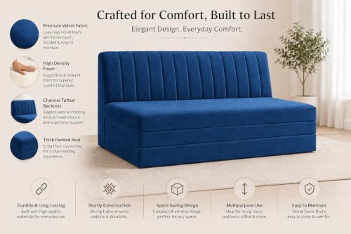 Image of Three Seater Sofa Bed, Velvet Fabric Foldable Sofa Cum Bed with Soft Foam Cushioning, Convertible Floor Couch for Living Room, Guest Room & Home Use (Blue, Pre-Assembled)