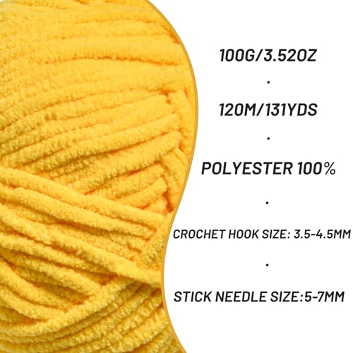 Image of 3 Packs Plush Chenille Chunky Crochet Yarn - Baby Yarn for Crocheting Soft - Velvet Yarns Knitting for Blankets Crafts - Fluffy Amigurumi Yarns 300g / 393yd (3 Golden Yellow)
