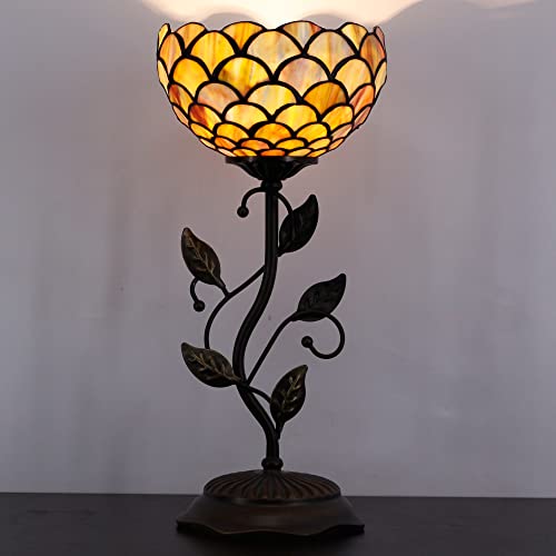 Rhlamps Small Tiffany Table Lamp 8" Stained Glass Fish Scales Style Shade 19" Tall Antique Vintage Metal Leaf Base Mini Bedside Accent Desk Torchiere Uplight For Living Room Bedroom #TOP4