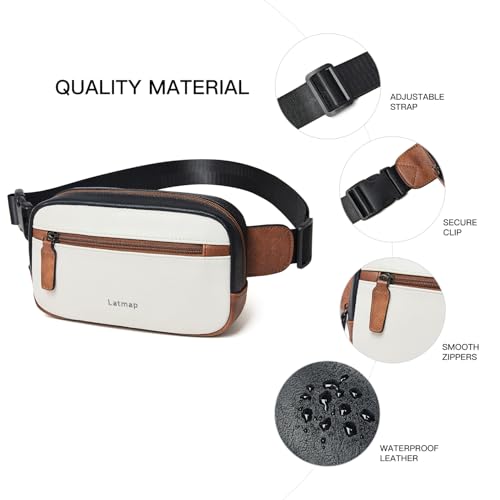 LATMAP 2L Fanny Packs Everywhere Belt Bag Small Fashion Crossbody Waist Pack Faux Leather Waterproof Sling Chest Bag For Women Black White