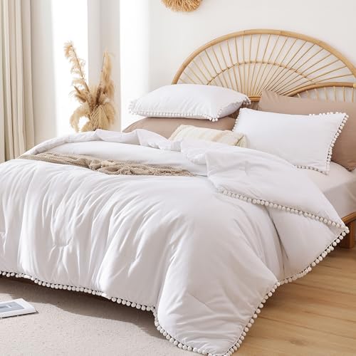 YIRDDEO King Size Comforter Set - King Size Comforter with Ball Pom Fringe, Soft King Bedding Set for All Seasons - 3 Pieces, 1 Comforter (104"x90"inches) & 2 Pillow Shams(20"x36"), White