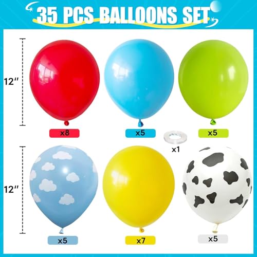 Image of HILAVO Toy Inspired Story Balloons, 12 Inch Cow Print Sky Blue Cloud Balloons Red Blue Yellow Green Balloons for Kids Boys Halloween Birthday Party Farm Themed Party Decorations