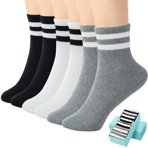 Image of SISOSOCK Quarter Crew Cotton Socks for Women Striped Athletic Casual Breathable Socks 6 Pairs with Gifts Box