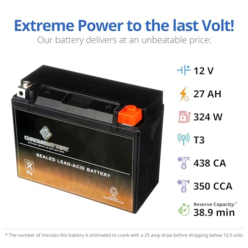 Image of CB CHROMEBATTERY YTX24HL-BS 12 V 350 CCA AGM - Maintenance-Free 27 Ah Battery for Harley, ATV, UTV, Snowmobile, Jet Ski - T3 Nut & Bolt Terminal - Fits Harley Electra Glide, Polaris Ranger