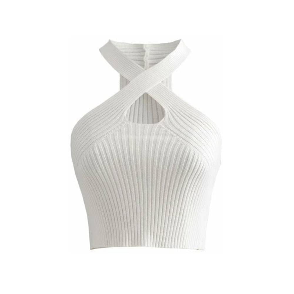 KOEMCY Crop Tops for Women Crisscross Halter Tank Tops for Women Sexy Summer Sleeveless Crop Tops Cropped Tank Tops (White)