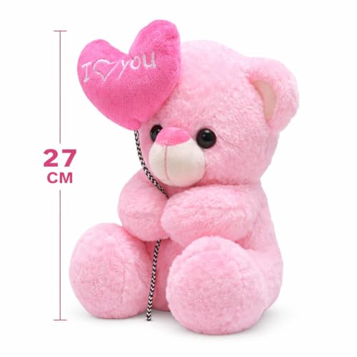 Image of Cute Cute Pink Teddy Bear with inchI Love You inch Heart Balloon | Soft Plush Toy for Kids & Romantic Gift for Girlfriend | Hugable Stuffed Animal | 27 cm