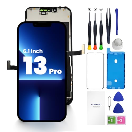 Genverdix for iPhone 13 PRO Screen Replacement 6.1 inch 3D Touch LCD Display Full HD Repair kit Digitizer Assembly with Tools Set Tempered Glass Screen Protector Waterproof Frame Adhesive