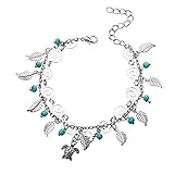 Freessom Bracelet Femme Fantaisie Feuille Tortue Fille Ado Pendentif Ficelle Chaînes Retro Ethnique Boheme Reglable Plage Bijoux Pied A La Mode Vintage Pas Cher (Argente Turquoise)