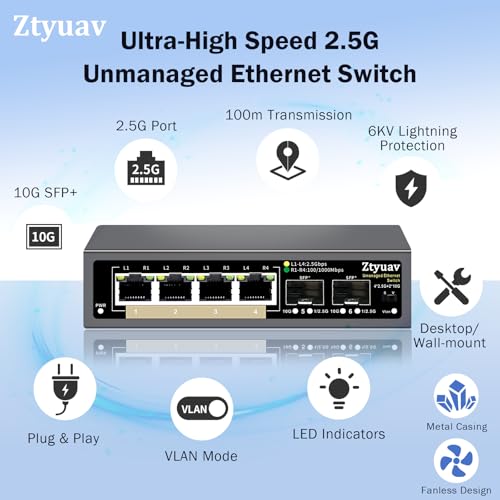 Image of 6 Port Unmanaged 2.5G Ethernet Switch with 4 x 2.5G RJ-45 Base-T Ports, 2 x 10G SFP+, Ports Speed Auto-Negotiation-100 /1000 /2500Mbps, One-Key VLAN, Plug & Play, Fanless & Metal