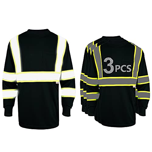 Pomerol Long Sleeve Safety Shirt High-Visibility Reflective 3 Packs Breathable Black Unisex Safety T-Shirt with Hi-Vis Strip and Front Packet for Work Cycling Runner Surveyor Guard Construction