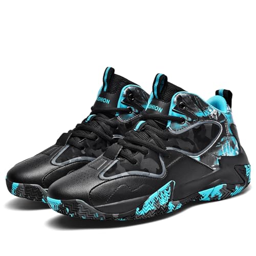 Men's Autumn and Winter High-Top Leather Lace-Up Basketball Shoes with Thick Soles, Shock-Absorbing, Lightweight and Fashionable Sports Shoes Suitable for Running, Fitness and Cycling (Blue,9.5)