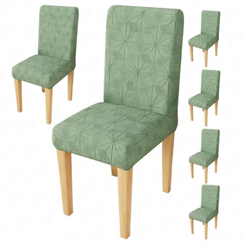 Image of Lukzer Elastic Dining Chair Cover - 6PC Pastel Green Starlight | Textured High Stretch Jacquard Seat Cover | Removable Washable Short Dining Chair Cover Protector Seat Slipcover | (CC-143-06)