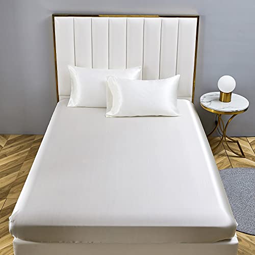Boqingzhu Satin Spannbettlaken 140x200cm Weiß Uni Microfaser Oeko-TEX