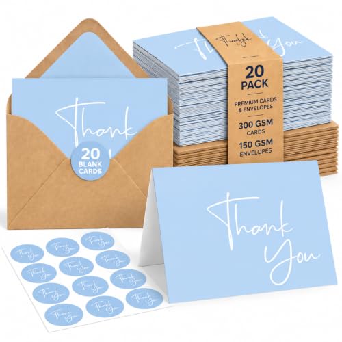 VNS Creations Thank You Cards With Envelopes - 20 Pack 4 x 6 - Light Blue