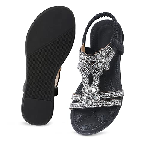 Image of iCKER Womens Rhinestone Strappy Flat Sandals Elastic Ankle Strap Open‑Toe | Sparkling,for wedding,party,evening dates,special occasion,Vacation,Formal