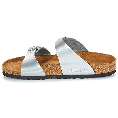 Image of Birkenstock Women's Heels Open Toe Sandals, Silver Soft Metallic Silver Soft Metallic Silver, 9