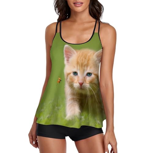 Maillot de bain tankini 3 pièces avec short et robe de plage imprimé chat mignon